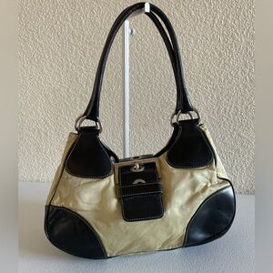 Prada Vitello Trimmed Vessuto Moon Bag In Cream And Black Vintage